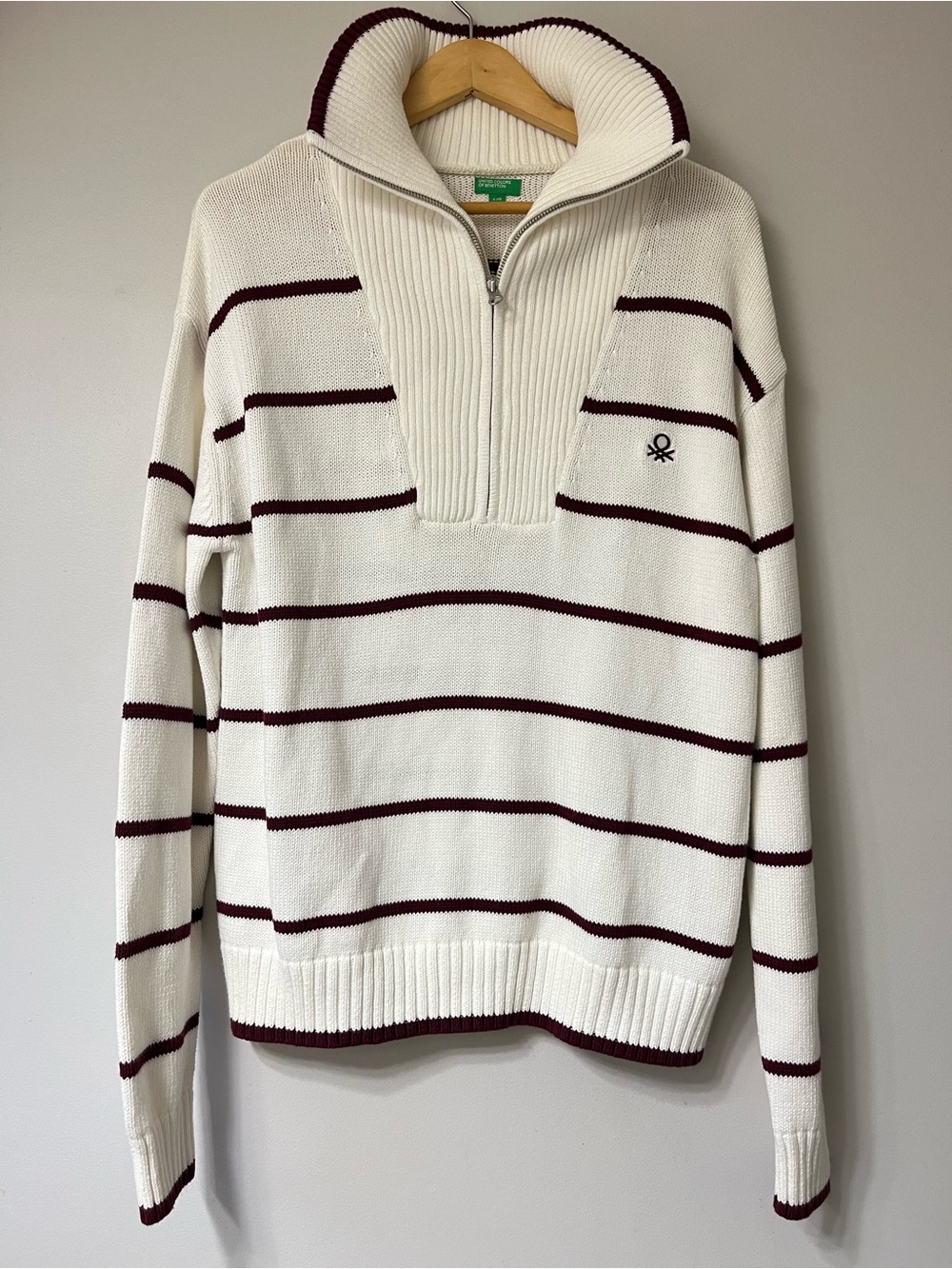 Striped Quarter-Zip Sweater in Cream and Burgundy - United Colors Of Benetton LG